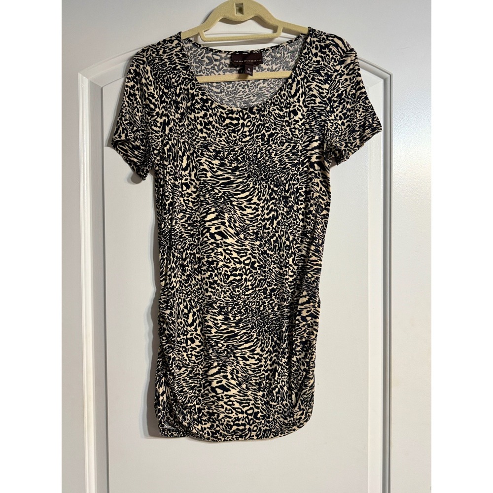Dana Buchman Tunic Top M Black Cream Leopard Ruched Side Mob Wife Animal Bold